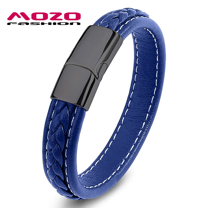 SH010-L MOZO модные панк мужские ювелирные изделия плетеный кожаный браслет женский браслет ручной работы модный браслет с застежкой из нержавеющей стали синий - Окраска металла: SH010-L