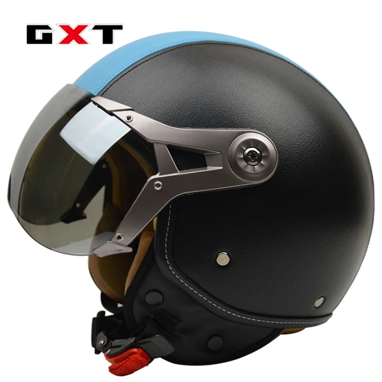 Натуральная GXT moto rbike moto 3/4 кожаный шлем для мужчин винтажные moto rcycle шлемы велосипедные шлемы скутер женский Ретро шлем - Цвет: Black blue