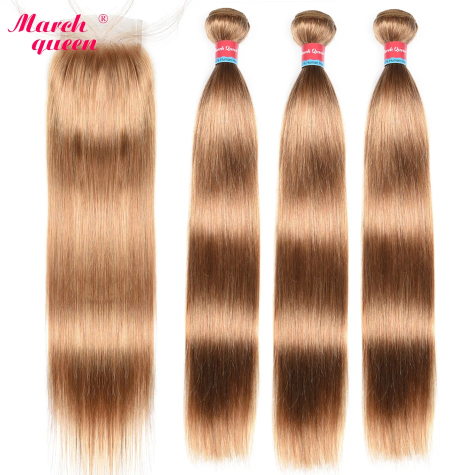  March Queen #27 Peruvian Straight Hair With Closure Honey Blonde Color Human Hair Weave 3 Bundles W