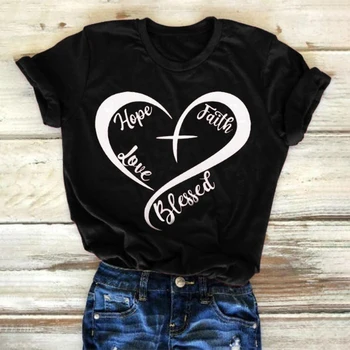 Heart Hope Faith Love Blessed Printing T-shirts Women Clothes Summer Graphic Tee Aesthetic Shirts for Women Loose Camiseta Mujer 1