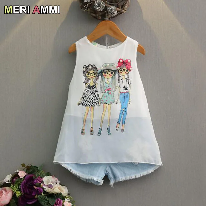 

MERI AMMI 2pcs Children Clothing Outfit Set Cartoon Girls Top+Jeans Shorts For 2-7 Year Baby Girl