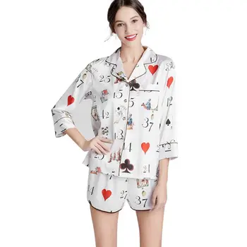 

Women Imitation Silk Pajams Set 3/4 Sleeve Notched Tops Shorts Cartoon Sleepwear A0NF