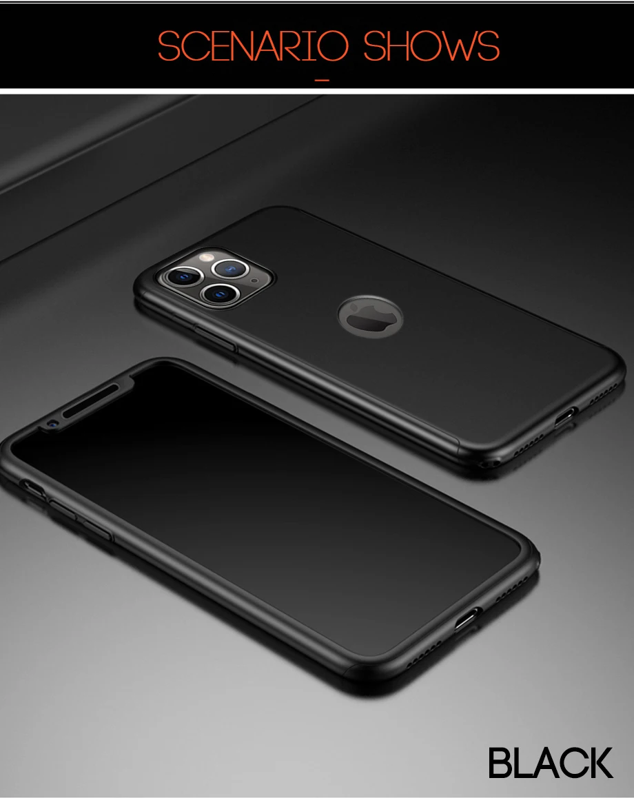 360 Полное покрытие защитный чехол для телефона для iPhone 11 pro XR X XS Max противоударный чехол для iPhone 6 6S 7 8 plus со стеклом чехол-сумка - Цвет: black