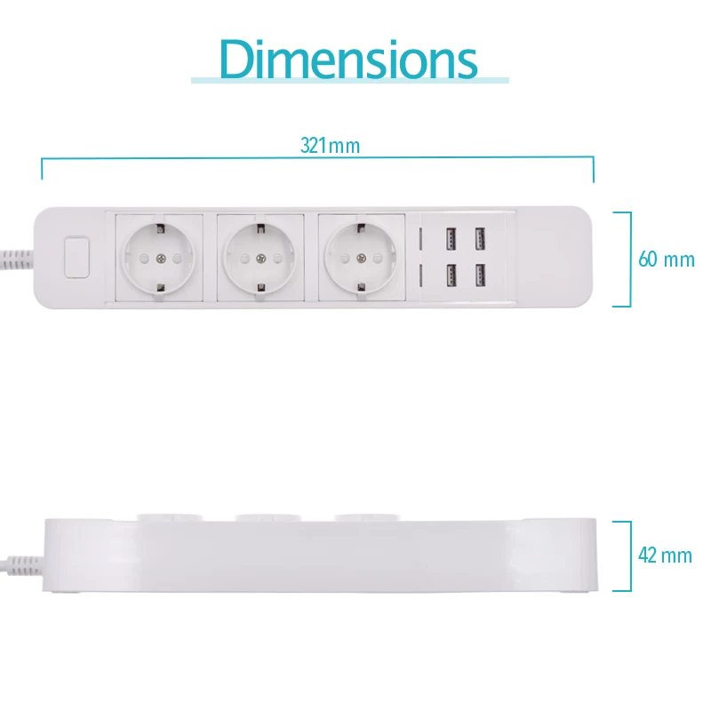 Умный удлинитель с 3 розетками европейского стандарта розетки 4 USB порта