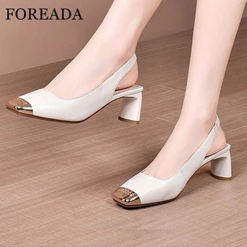 

FOREADA Real Leather Pumps Women Slingbacks Shoes Block High Heel Shoes Fashion Metal Decoration Square Toe Ladies Shoes Size 40