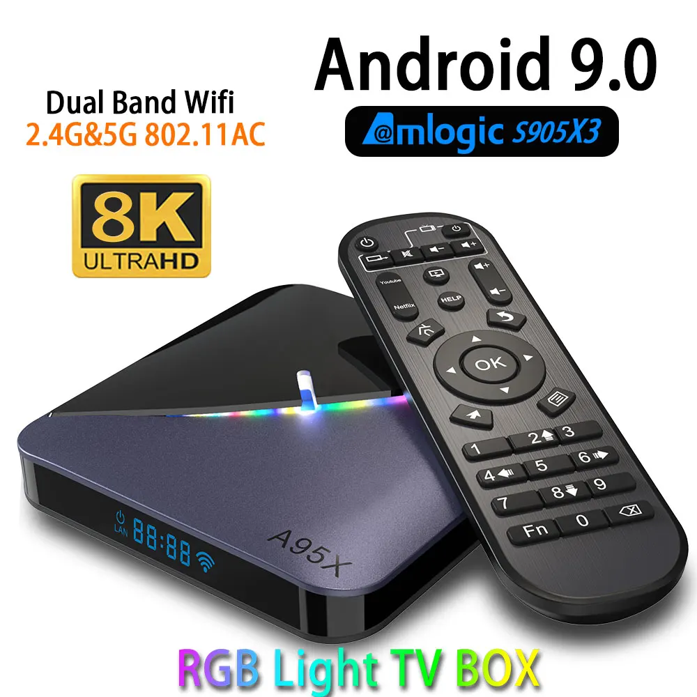 Android 9,0 ТВ коробка A95X F3 Amlogic S905X3 set top tv BOX, Wi-Fi, Netflix Media Player ТВ коробка голосовой помощник 4 Гб 64 Гб оперативной памяти, 32 Гб встроенной памяти