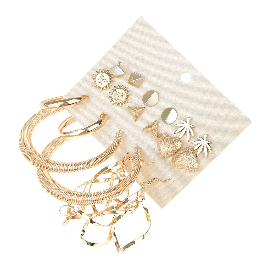 9 Pairs Multi Style Stud Geometric Sun Heart Leaf Loop Earrings Sets Mixed Gold Tone Bohemian Earring