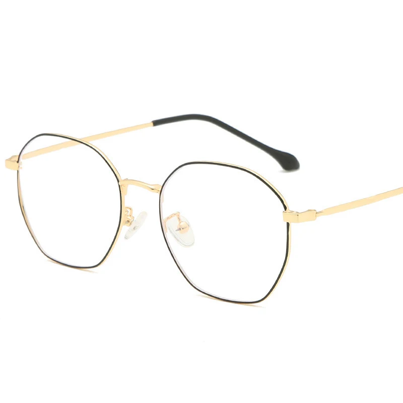 New metal anti-blue glasses retro polygon literary glasses frame men and women decorative simple flat mirror - Цвет оправы: Black Gold