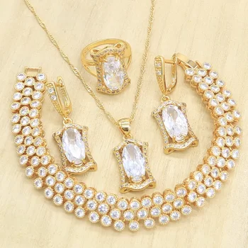 

Geometric Gold Color Women Jewelry Sets White Zircon Earrings Bracelet Pendant Necklace Ring Gift Box