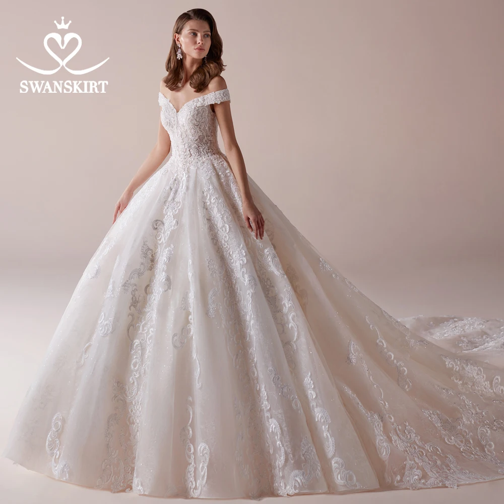 

Off Shoulder Ball Gown Wedding Dress 2019 Swanskirt Sweetheart Beaded Appliques Lace up Bride gown Princess robe de mariee NZ51