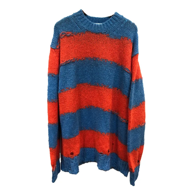 

2019 Sweater Women Loose Hit Color Striped Broken Wool Sweater Women O-Neck Pullovers Computer Knitted black Sweaters Women