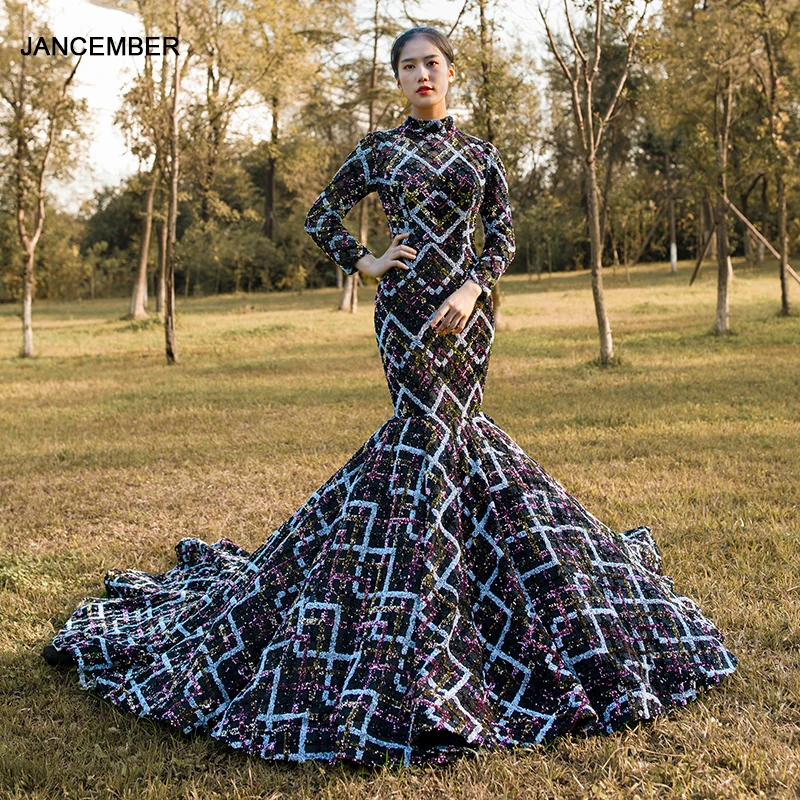 J67018 jancдекабря сексуальное черное вечернее платье русалка с кружевом высоким