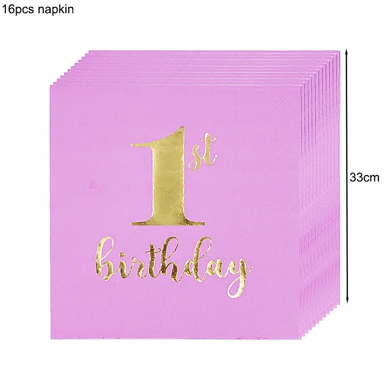 16pcs napkins 1-й первый день рождения принадлежности синий розовый одноразовая скатерть бумажные тарелки салфетки чашки набор один год День рождения украшения - Цвет: 16pcs napkins