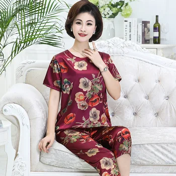 

Young Lady Summer Casual Shorts&pant Elegant Exquisite Print Flower 2PCS Sleep Set Soft Satin Sleepwear Home Wear Pajamas Set