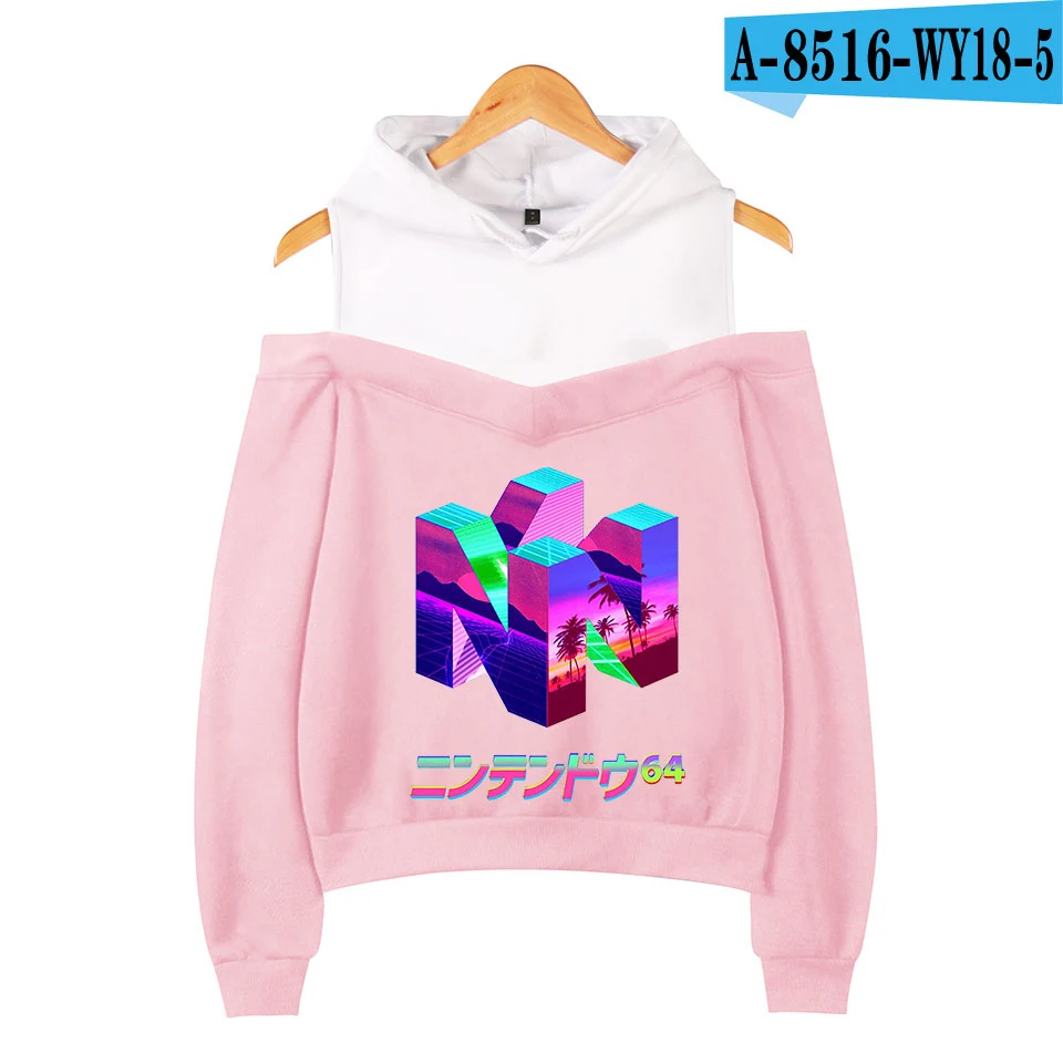 Японское аниме Vaporwave эстетические толстовки сексуальный с открытыми плечами Женский свитшот Харадзюку эстетический пуловер укороченный Топ для женщин - Цвет: pink