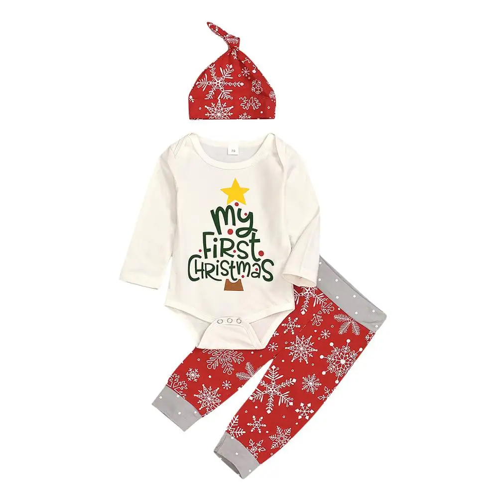 

Kid Baby Boy Girl Clothes Set Letter Print My First Christmas Long Sleeve Tee Romper+Red Pant+Hat Clothing Set Xmas Outfit
