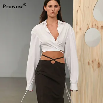 

Women Cropped White Shirt Summer 2020 Long Sleeve Lapel Lace Up Button Down Shirts Elegant Woman Cotton Streetwear Casual Top