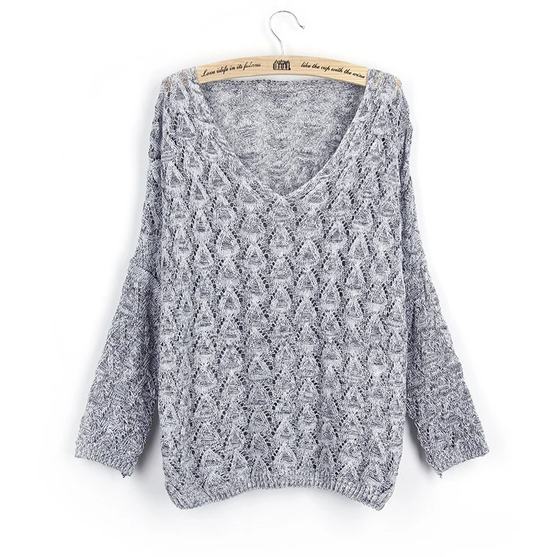 

Europe Thin V-Neck Knitted Sweater Women Hollow Loose Sweater Pullover Long Batwing Sleeve Outerwear Streetwear Spring Autumn