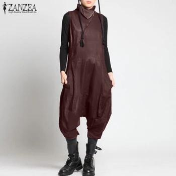 

Summer Women Trutleneck Sleeveless Jumpsuits ZANZEA Fashion Zipper Up Rompers Solid Overalls Vintage Drop Crotch Harem Pants