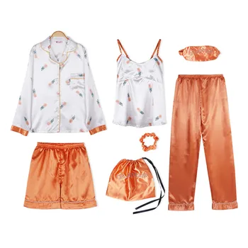 

Silk Shorts Long Sleeve Top Elastic Waist Pants Silk Lounge Pyjamas Mujer Summer Autumn 7 Pieces Set Silk Elegant Women Pajamas