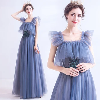 

Blue Evening Dress A-line Tulle Crystal Beaded Simple Elegant 2020 New Design Party Dresses Evening Gowns JA55