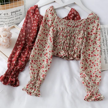 

Retro small fresh off shoulder floral short chiffon blouse women's 2020 spring pleated Bell Sleeve bottoming top trend
