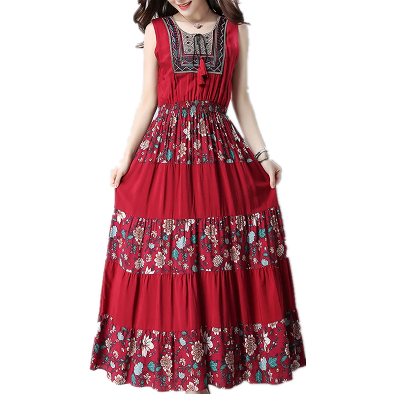 

Women Cotton Dress Summer New Stylec National Wind Large Size Lady Slim Embroidered Pleated Dress Female LJ067