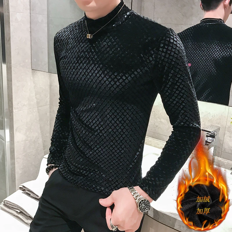 Men's T-shirt new fall slim and cashmere knit bottom long sleeve T-shirt loose casual personality youth men's wear