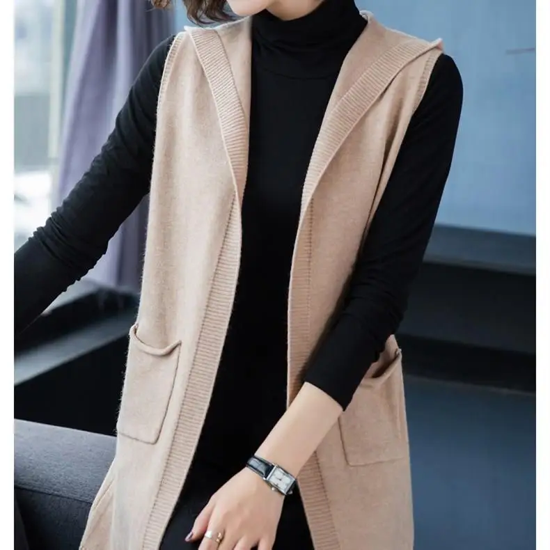 Winter New Loose Plus Size Long Vest Women Fashion Hooded Sweater Vest Casual High Quality Cashmere Knitted Sleeveless Coat