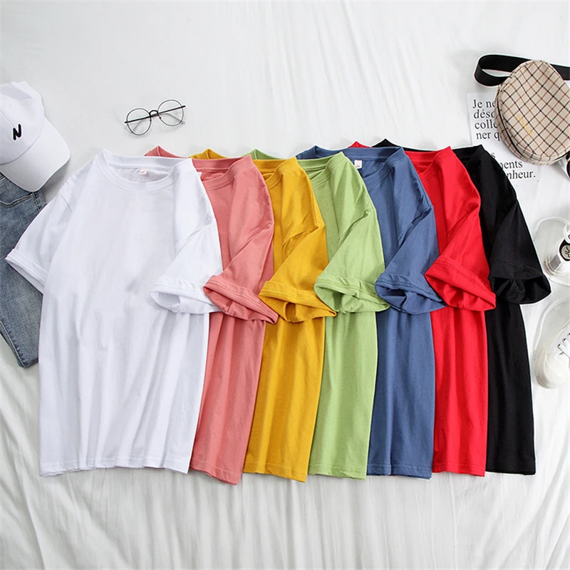 Hirsionsan – t-shirt à col rond pour femme, ample, en coton, basique, surdimensionné, uni, 8 couleurs acidulées, coréen, été