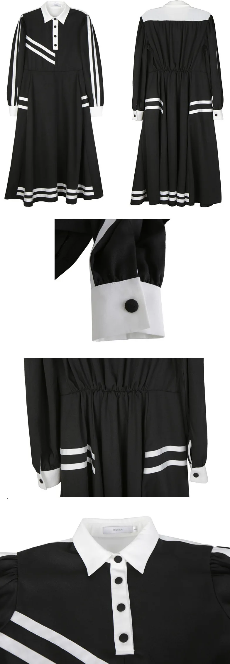 [EAM] женское платье в черную полоску, с разрезом, темпераментное, новое, с отворотом, с длинным рукавом-фонариком, свободное, модное, весна-осень 1H071