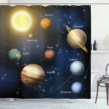 

Educational Shower Curtain, Realistic Illustration of Solar System Sun Planets Orbit Astronomy Outer Space, Cloth Fabric