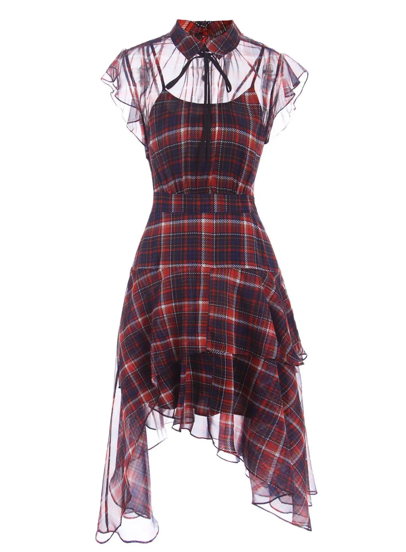 Новое высококачественное платье средней длины с отворотом, развевающиеся рукава, клетчатая Талия, необычное платье большого размера, роскошное Брендовое платье