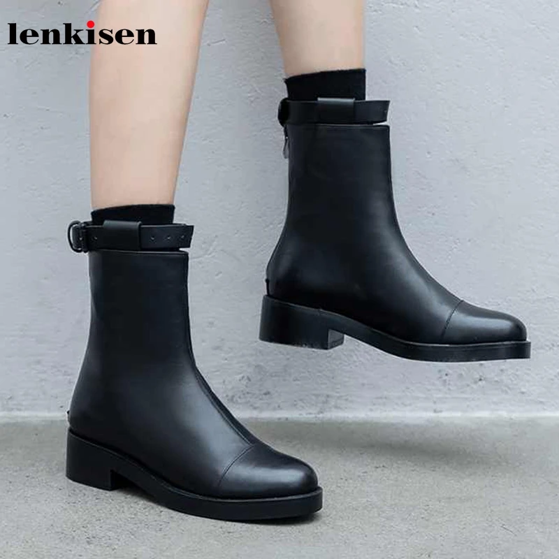 

Lenkisen genuine leather belt buckle straps round toe med heels solid concise style punk winter warm women mid-calf boots L60