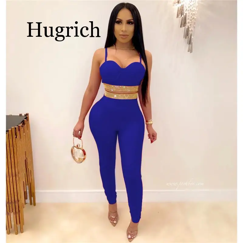

2020 Winter Women sets Strap Crop Top Pants Suits Solid Sexy Backless Tracksuits Hot Drilling Two Piece Suit Fashion Sheath