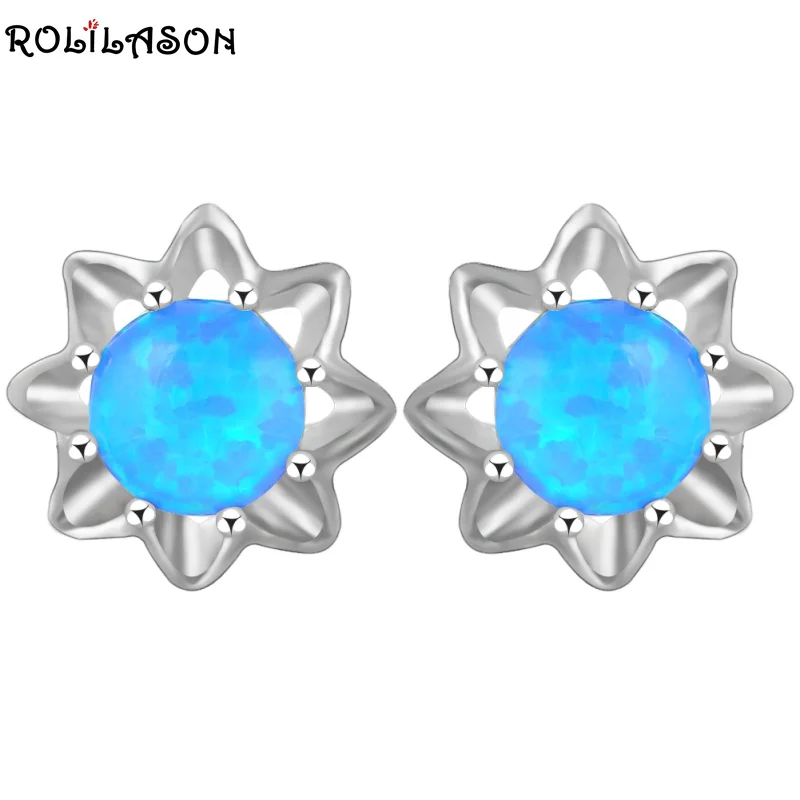 Женские серьги-гвоздики ROLILASON из серебра 925 пробы с голубым огненным опалом |