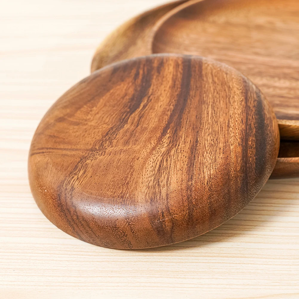 Wood Hand-made Acacia Dinner Plates Unbreakable Round Wood Plates for Fruits Dishes Snacks Dessert Serving Tray Tableware
