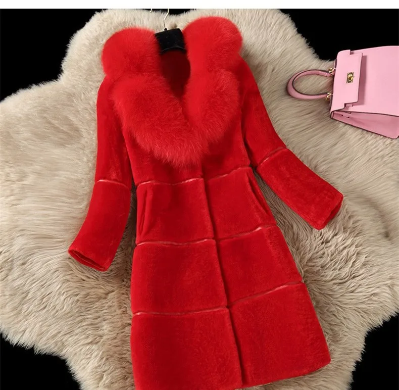 Winter Women High Quality Faux Rabbit Fur Coat Luxury Long Fur Coat Loose Lapel OverCoat Thick Warm Plus Size Female Plush Coats - Цвет: Красный