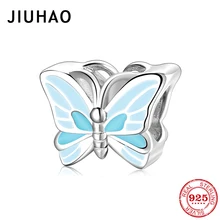 925 пробы Серебряный красивый светильник с голубыми бабочками и металлическими бусинами, аксессуары подходят к оригинальному браслету Pandora, ювелирное изделие своими руками