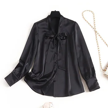 

Plus size women shirts new 2020 spring summer office lady OL style brief solid color bow collar tops satin shirt blue red black