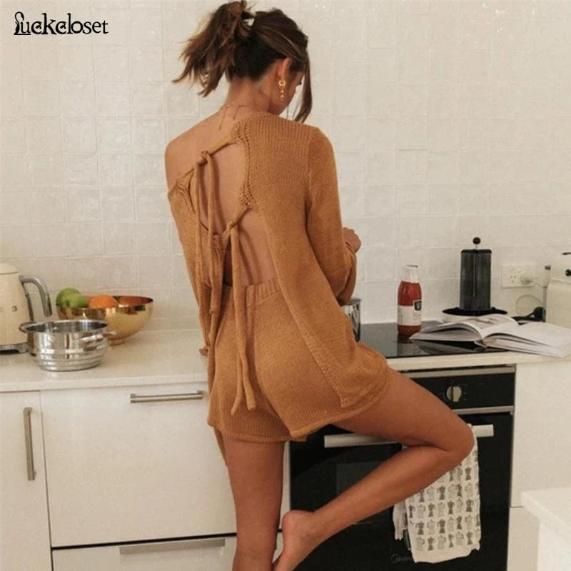 

Knit Back Lace Up Two Piece Sets Women Autumn O-neck Tops Drawstring High Waist Shorts Sets Summer Fashion Suits Female