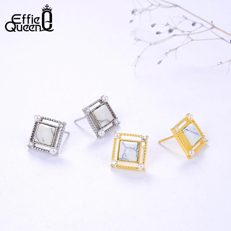 Effie queen Настоящее S925 серьги-гвоздики мрамор AAAA Циркон квадратные серьги для женщин ювелирные изделия подарок BE177