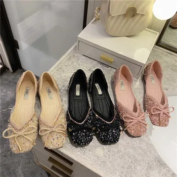 

2020 Spring Women Flats Single Shoes Fashion Rhinestone Bling Ballet Flats Shallow Slip On Bow Design Dress Flats Shoes Woman