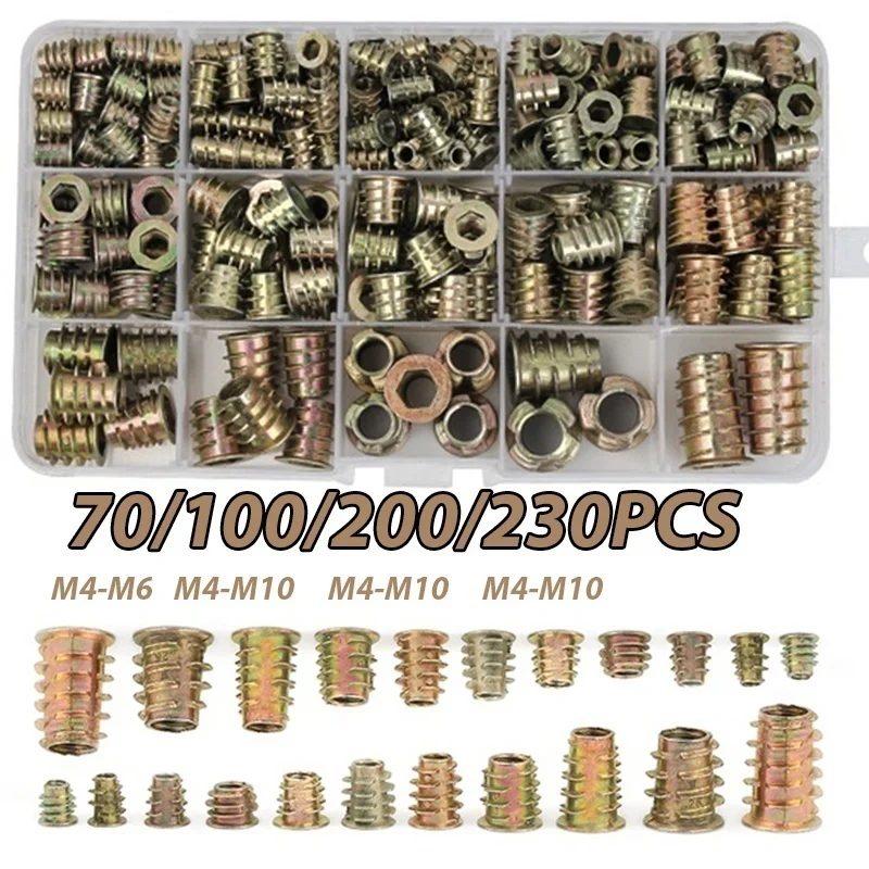 230/200/100/70PCS Assorted Flanged Hex Drive Head Furniture Nuts M4 M6 M8 M10 Zinc alloyl Thread For Wood Insert Nut | Обустройство
