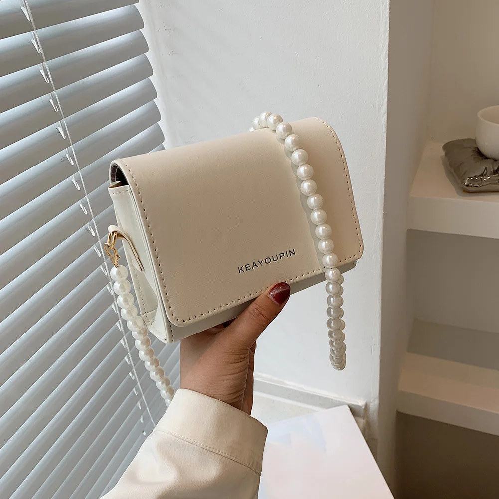 Fashion Women PU Leather Pure Color Shoulder Crossbody Messenger Bag Casual Ladies Pearl Chain Mini Handbags Flap Purse |
