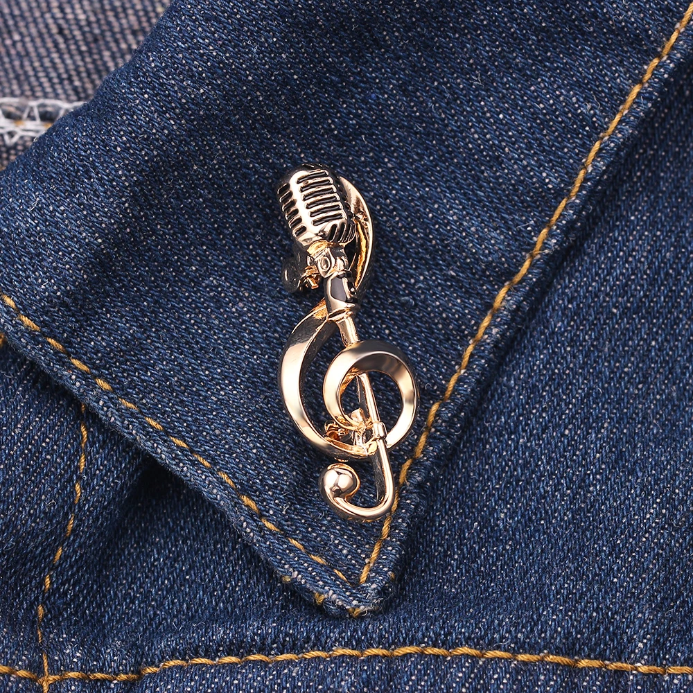 Music Note Gold Microphone Shape Brooches For Women Men Singer Club Badge Clothes Accessories Rock Brooch Pins New Year Gifts