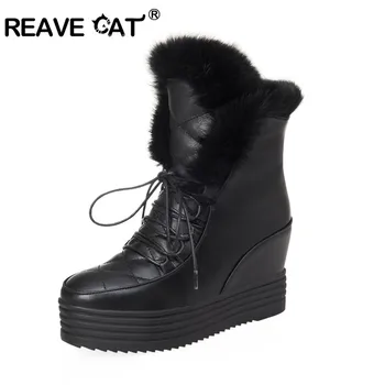 

REAVE CAT New women shoes winter snow boots Warm Fur wedge thick bottom increased lace up ankle boots hidden heels black white