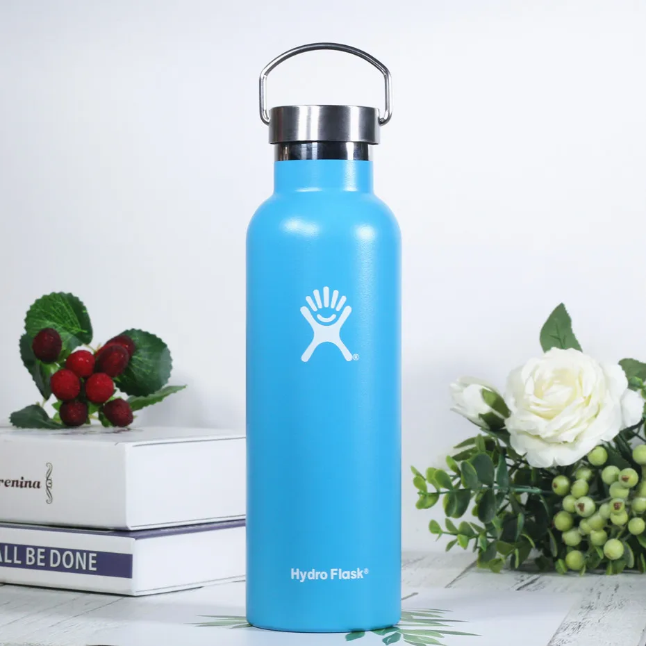 Light blue Бутылка для воды из нержавеющей стали, бутылка для воды с вакуумной изоляцией, переносная термобутылка с широким горлом для путешествий, 21 унция/24 унции - Цвет: Light blue