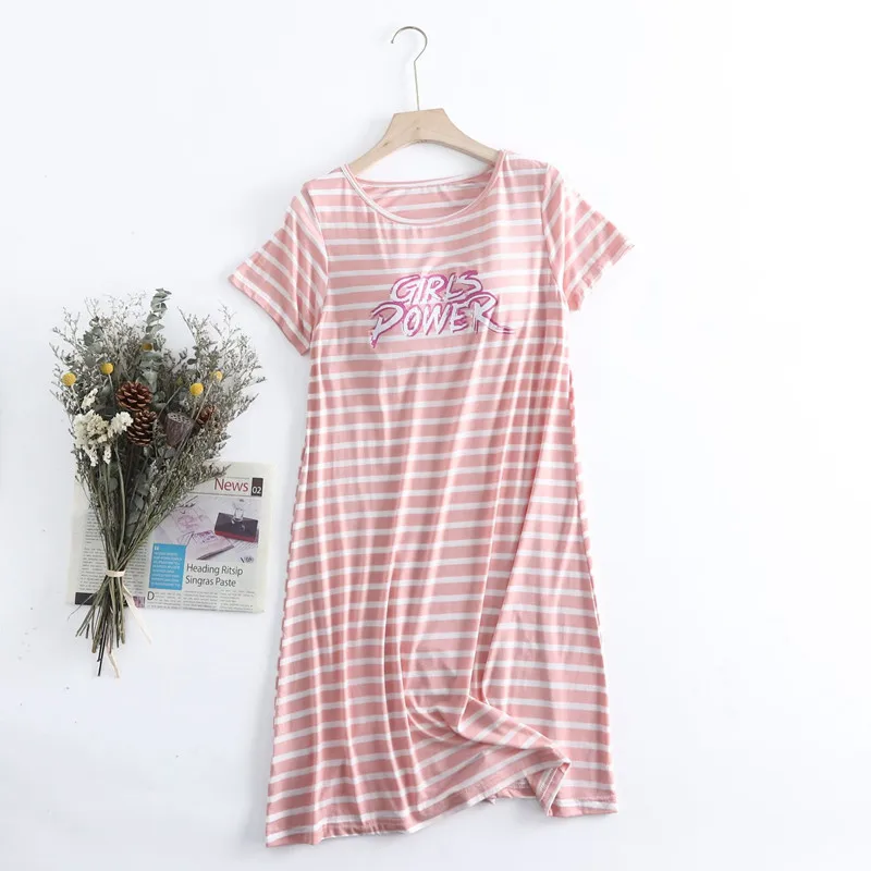 Casual Fashion Striped Nightgowns For Women Short Sleeve Modal Cotton Summer Night Wear Dress Loose Chest Pad Ladie Nightshirt cotton night dress summer thin short sleeve nightgowns sexy sleepshirt green cartoon cute women dress loose plus size sleepwear