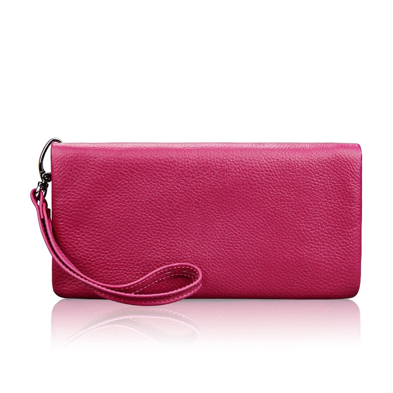 BONAMIE New Long Genuine Leather Wallet Women Zipper Purse Fashion Purse Card Holder Wallet Female High Quality Clutch Money Bag - Цвет: Rose Red